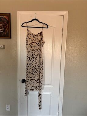 Nine West Beige Leopard-Print Midi Slip Dress